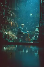 Midjourney generated image using SREF code Blue Velvet: A man playing a piano in a room filled with musical instruments.