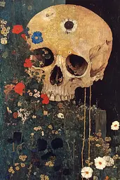 Midjourney generated image using SREF code Golden Elegance: A painting of a human skull surrounded by flowers.