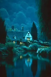 Midjourney generated image using SREF code Blue Velvet: A painting of a house by a lake at night.