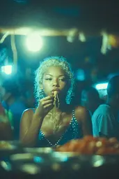 Midjourney generated image using SREF code Blue Velvet: A woman in a blue dress eating a piece of food.
