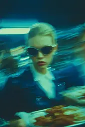 Midjourney generated image using SREF code Blue Velvet: A woman in a blue jacket and sunglasses holding a tray of food.