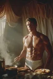 Midjourney generated image using SREF code Sunwrinkle: A shirtless man standing in front of a table full of food.
