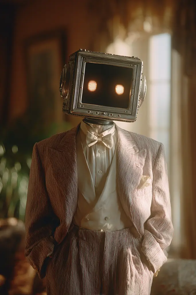 Midjourney generated image using SREF code Sunwrinkle: A man in a suit with a television on his head.