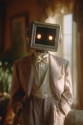 Midjourney generated image using SREF code Sunwrinkle: A man in a suit with a television on his head.