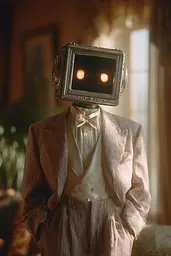 Midjourney generated image using SREF code Sunwrinkle: A man in a suit with a television on his head.