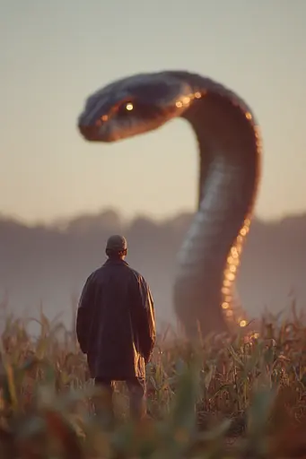 Midjourney generated image using SREF code Sunwrinkle: A man standing in a field next to a large snake.