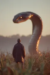 Midjourney generated image using SREF code Sunwrinkle: A man standing in a field next to a large snake.
