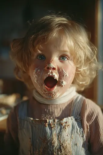 Midjourney generated image using SREF code Sunwrinkle: A little girl covered in cake with her mouth open.