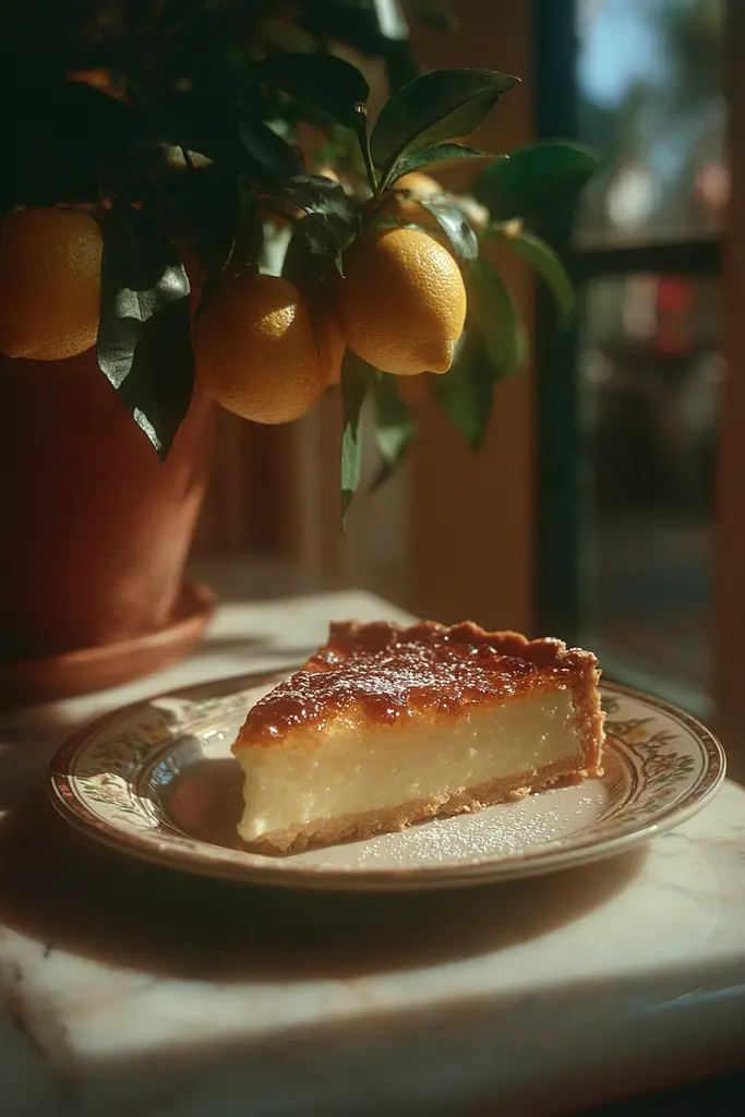 Midjourney generated image using SREF code Sunwrinkle: A slice of lemon tart on a plate next to a potted plant.
