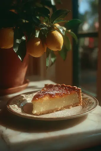 Midjourney generated image using SREF code Sunwrinkle: A slice of lemon tart on a plate next to a potted plant.