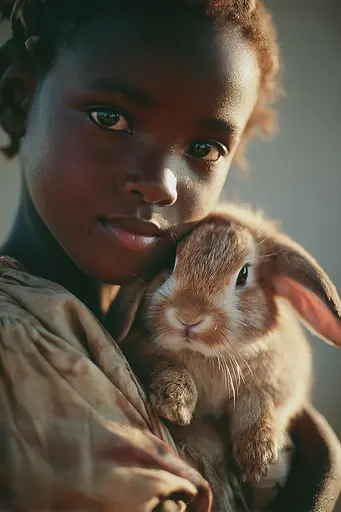 Midjourney generated image using SREF code Sunwrinkle: A young girl holding a small rabbit in her arms.