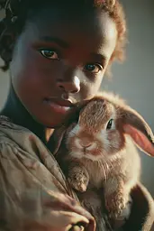 Midjourney generated image using SREF code Sunwrinkle: A young girl holding a small rabbit in her arms.