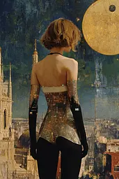 Midjourney generated image using SREF code Golden Elegance: A woman standing in front of a painting of a city.