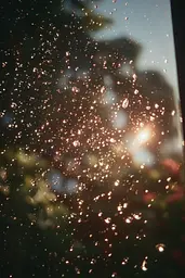 Midjourney generated image using SREF code Sunwrinkle: a close up of a window with water droplets on it