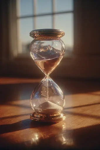 Midjourney generated image using SREF code Sunwrinkle: A hourglass sitting on top of a wooden table.
