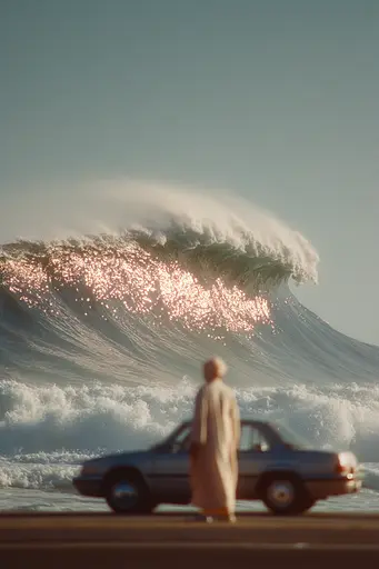 Midjourney generated image using SREF code Sunwrinkle: A man standing next to a car in front of a large wave.