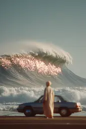 Midjourney generated image using SREF code Sunwrinkle: A man standing next to a car in front of a large wave.