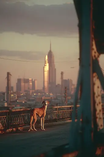 Midjourney generated image using SREF code Sunwrinkle: A dog standing on a bridge looking at the city.