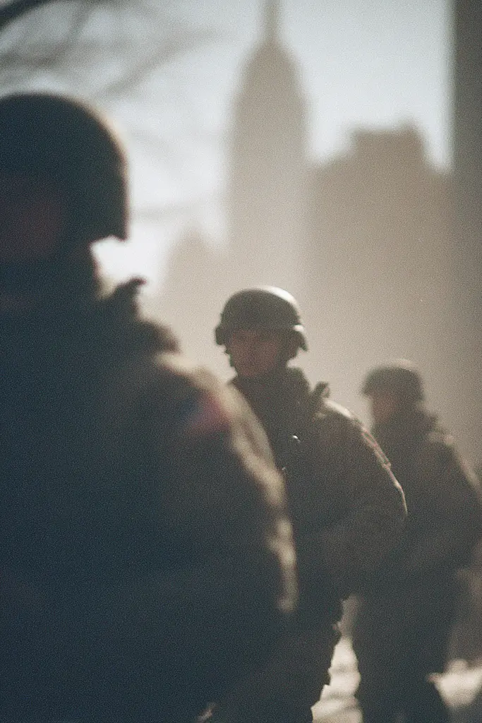 Midjourney generated image using SREF code Sunwrinkle: A group of soldiers standing next to each other on a street.
