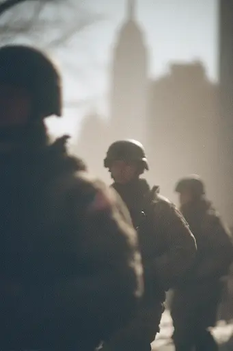 Midjourney generated image using SREF code Sunwrinkle: A group of soldiers standing next to each other on a street.