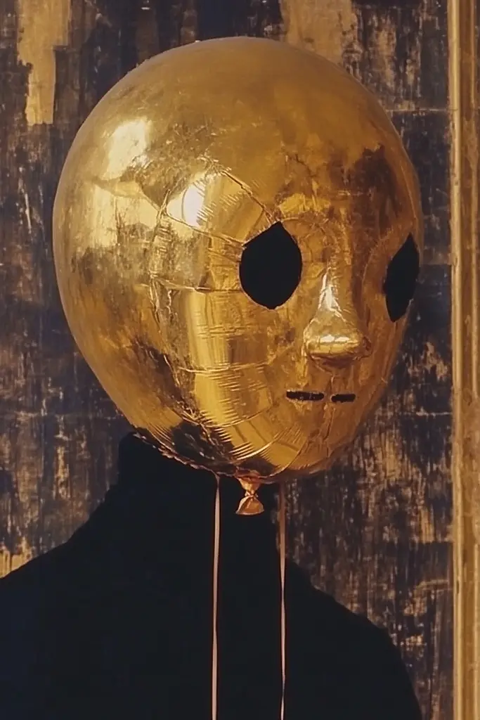 Midjourney generated image using SREF code Golden Elegance: A person wearing a gold mask with a balloon attached to it.