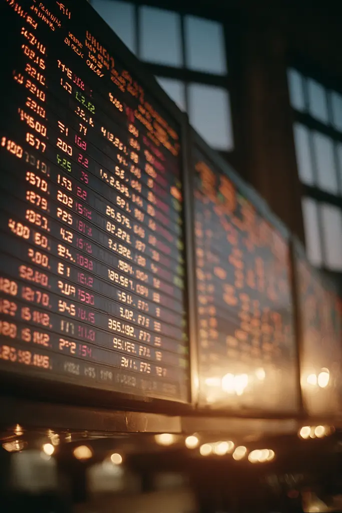 Midjourney generated image using SREF code Sunwrinkle: A large electronic board displaying stock prices in a stock market.