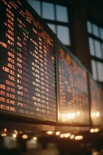 Midjourney generated image using SREF code Sunwrinkle: A large electronic board displaying stock prices in a stock market.