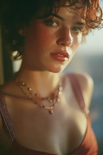 Midjourney generated image using SREF code Sunwrinkle: A woman with freckles on her face wearing a necklace.