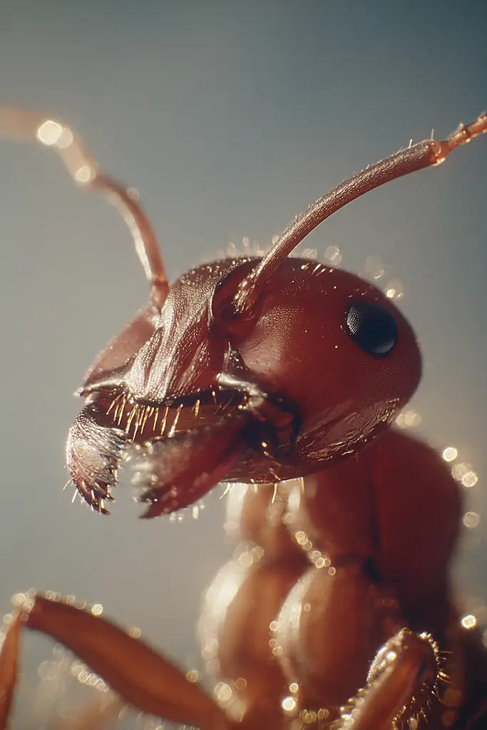 Midjourney generated image using SREF code Sunwrinkle: A close up of a red ant on a blue background.