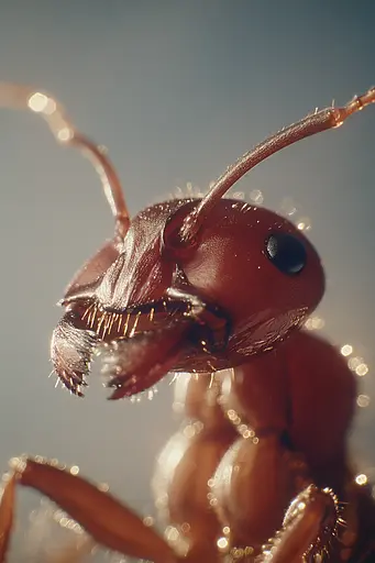 Midjourney generated image using SREF code Sunwrinkle: A close up of a red ant on a blue background.