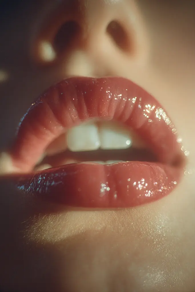 Midjourney generated image using SREF code Sunwrinkle: A close up of a woman's mouth with red lipstick.