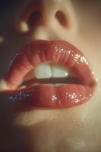 Midjourney generated image using SREF code Sunwrinkle: A close up of a woman's mouth with red lipstick.
