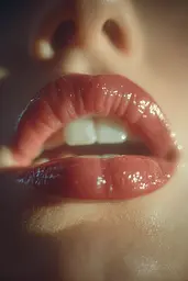 Midjourney generated image using SREF code Sunwrinkle: A close up of a woman's mouth with red lipstick.