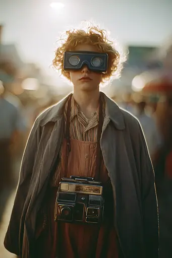 Midjourney generated image using SREF code Sunwrinkle: A woman in a trench coat holding a camera and wearing 3D glasses.