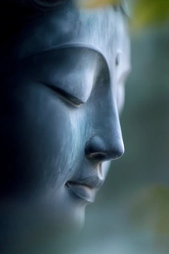 Midjourney generated image using SREF code Whispering Silhouettes: A close up of a statue of a buddha with his eyes closed.