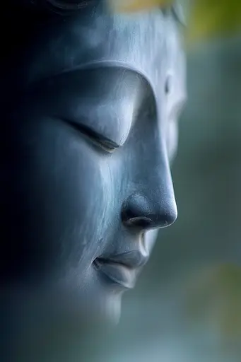 Midjourney generated image using SREF code Whispering Silhouettes: A close up of a statue of a buddha with his eyes closed.