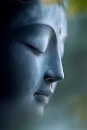 Midjourney generated image using SREF code Whispering Silhouettes: A close up of a statue of a buddha with his eyes closed.