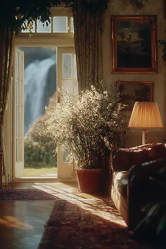 Midjourney generated image using SREF code Sunwrinkle: A living room with a view of a waterfall.