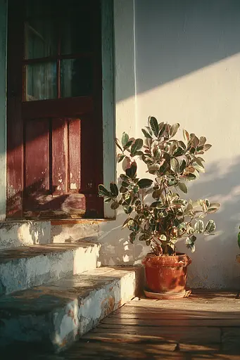 Midjourney generated image using SREF code Sunwrinkle: A potted plant sitting on the steps of a house.