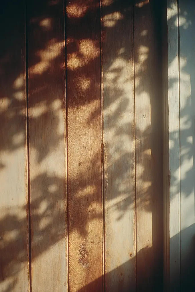 Midjourney generated image using SREF code Sunwrinkle: A shadow of a tree casts a shadow on a wooden wall.