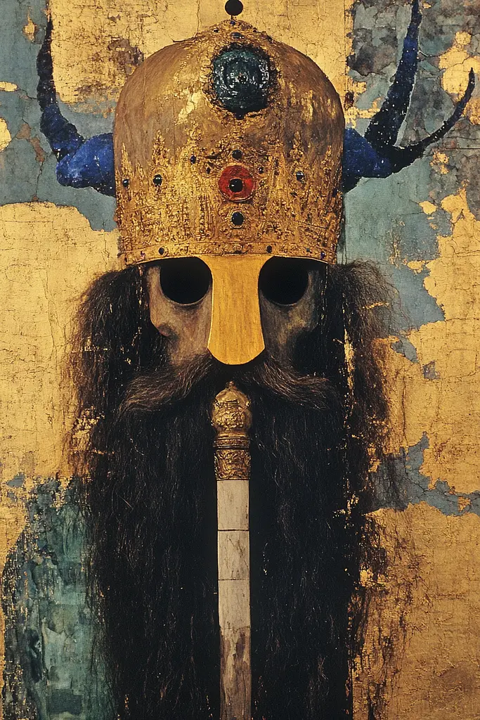 Midjourney generated image using SREF code Golden Elegance: A painting of a viking with a long beard and a horned helmet.