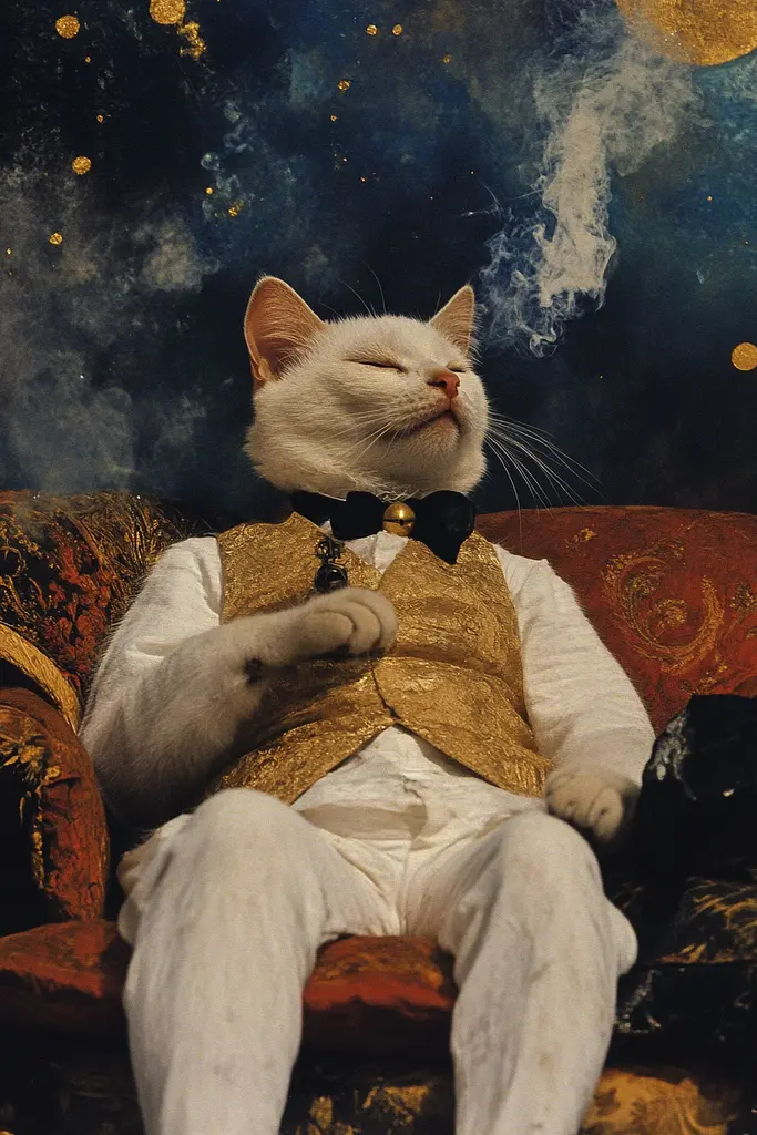 Midjourney generated image using SREF code Golden Elegance: A white cat wearing a gold vest and bow tie sitting on a couch.