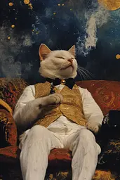 Midjourney generated image using SREF code Golden Elegance: A white cat wearing a gold vest and bow tie sitting on a couch.