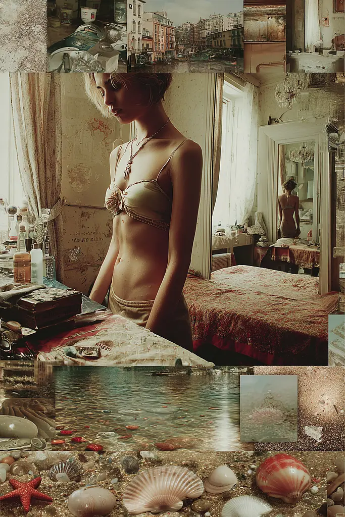 Midjourney generated image using SREF code Velvetenigma: A woman in a bikini standing in front of a mirror.