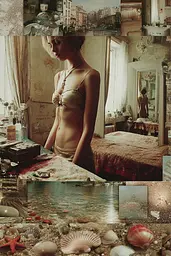 Midjourney generated image using SREF code Velvetenigma: A woman in a bikini standing in front of a mirror.