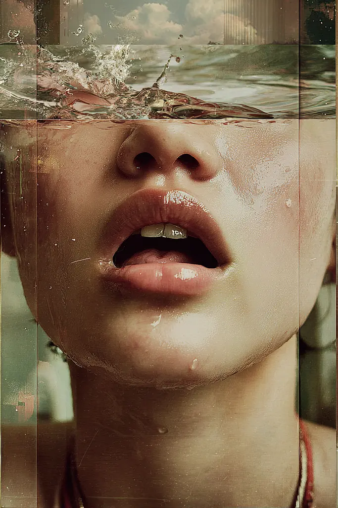 Midjourney generated image using SREF code Velvetenigma: A woman's face is submerged in water. 