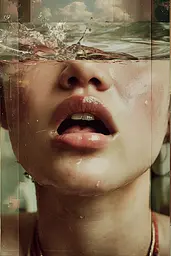 Midjourney generated image using SREF code Velvetenigma: A woman's face is submerged in water. 