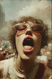 Midjourney generated image using SREF code Velvetenigma: A woman with her mouth open in front of a crowd of people.