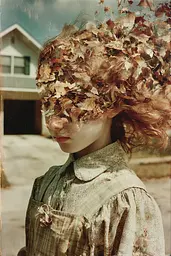 Midjourney generated image using SREF code Velvetenigma: A woman with leaves on her head in front of a house.