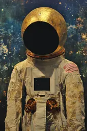 Midjourney generated image using SREF code Golden Elegance: A mannequin wearing an astronaut suit in front of a painting.